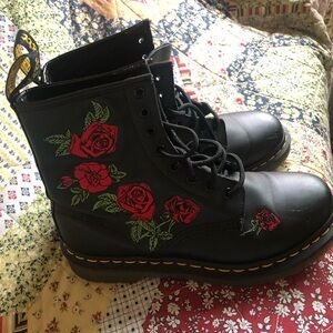 Dr. Martens Black and Red Combat Boots with Floral Embroidery